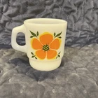 VTG  Fire King Milk Glass Mug Retro Orange & Yellow  Flowers 2 Sided Coffee Cup