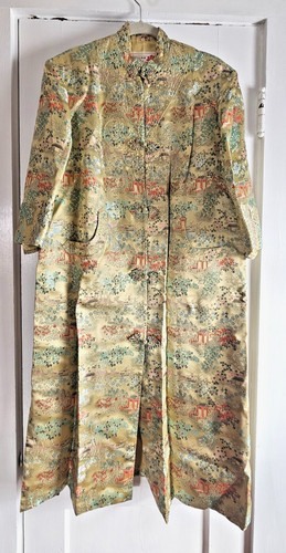 Vintage Peony Shanghai China gold satin Kimono robe dress jacket Sz 40 (S/M)