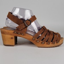Sanita Silo Clog Sandal Women 39 Strappy Full Grain Leather Wooden Studded Brown