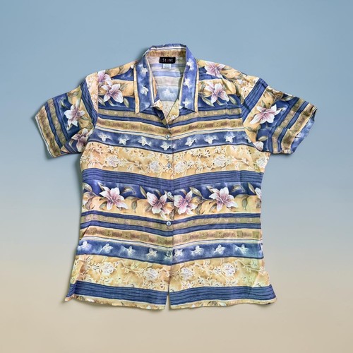 Vintage 90s 100% Silk Men's Button Up Shirt Large Muted Floral Abstract Stripe
