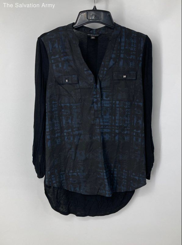 Rock & Republic Womens Black Dark Blue Long Sleeve Blouse Top Size Large