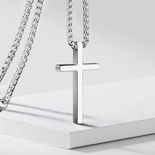 Men's Stainless Steel Cross Pendant Necklace, Silver Box Chain