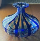 Vintage Murano Italy Art Glass Bud Vase - Blue & Clear A Canne Stripes - 3"