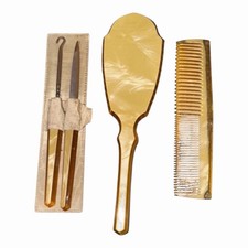 VTG Celluloid Vanity Set Brush Comb Manicure Art Deco Yellow Pearlized READ