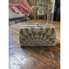 Silver Rhinestone Evening Clutch Sunburst Crystal Box Bag with Chain Strap