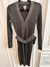 Vince Camuto Women's Black Gold V-Neck Sweater Belted Bodycon Dress Size L