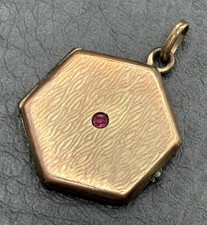 Vintage Victorian Gold Filled Hexagonal Locket Pendant Red Stone Crystal