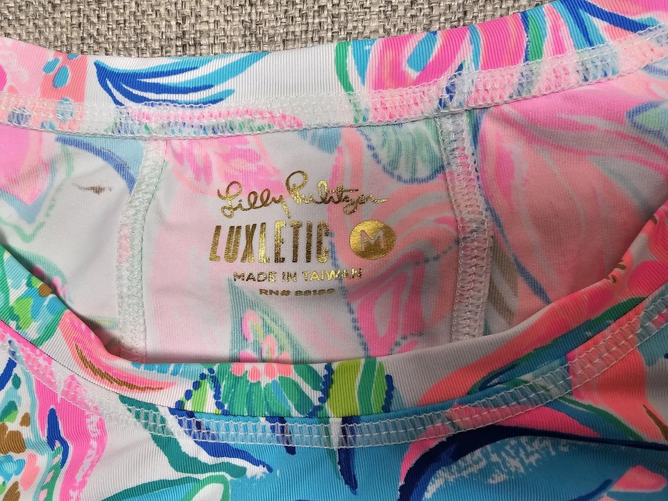 Lilly Pulitzer Luxletic Shirt Womens Medium Pink Blue Tropical Leaf Long Sleeve - Image 3 of 4