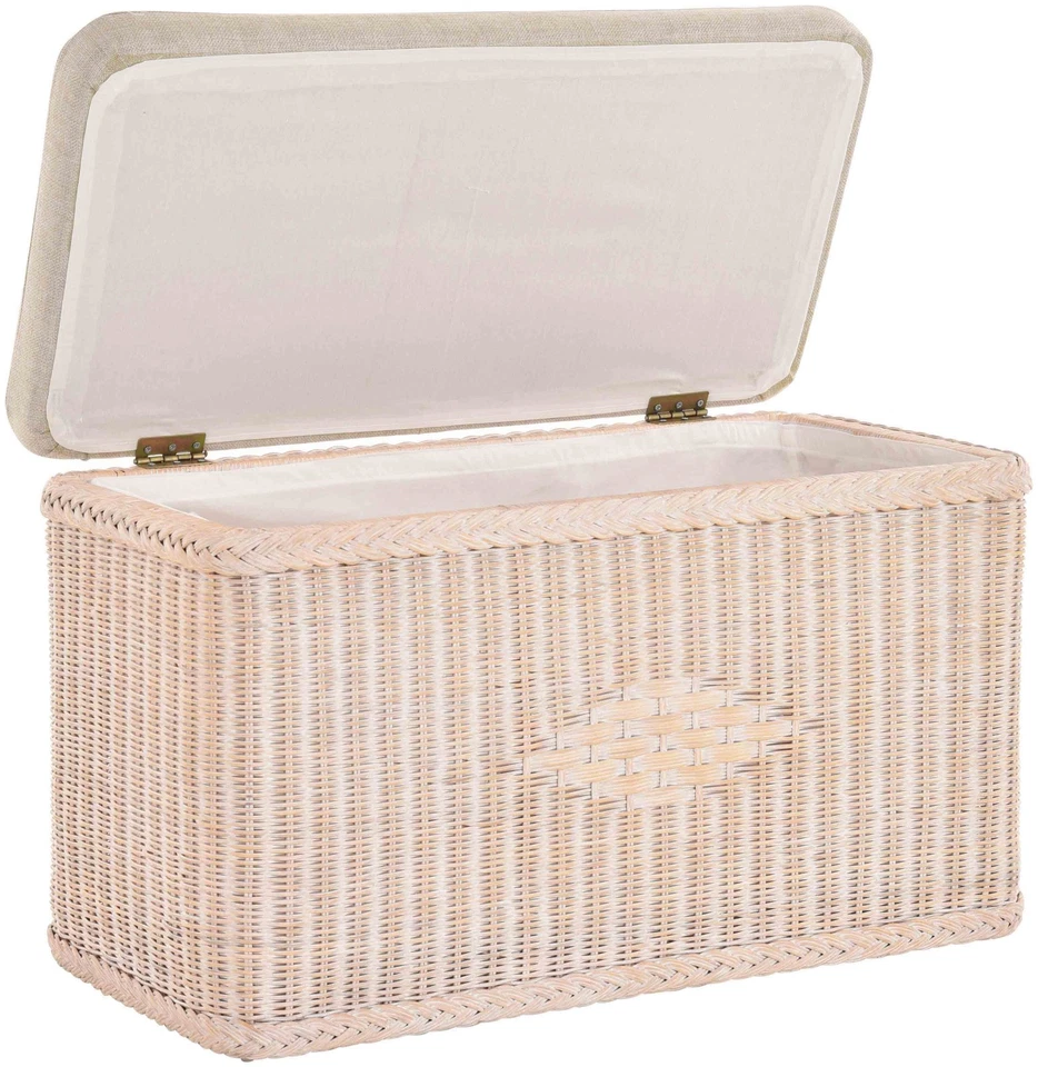 Rattan Sitztruhe Truhenbank mit gepolsterten Sitz in der Farbe Vintage Weiss - Bild 3 von 4