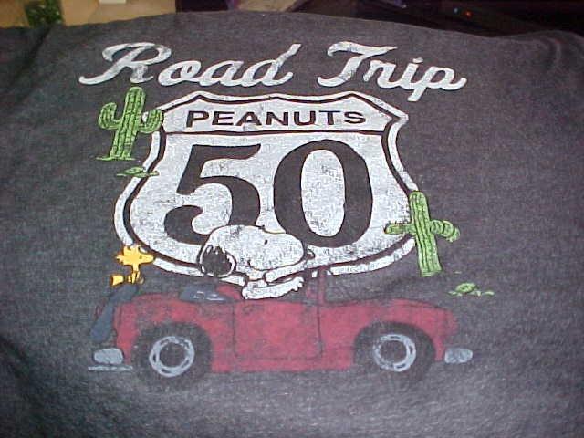 PEANUTS 50  SNOOPY  WOODSTOCK CONVERTIB  ROAD TRIP  T SHIRT  HIGHWAY 50  SIZE 2X