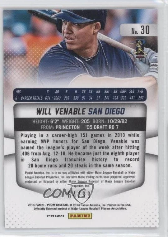 2014 Panini Prizm Purple Prizm /99 Will Venable #30 - Image 2 of 2