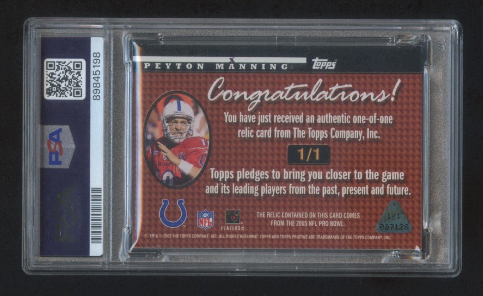 2005 TOPPS PEYTON MANNNG GAME WORN 1/1 PRO-BOWL JUMBO PATCH LOGO *A*  HOF  PSA 8 view 2