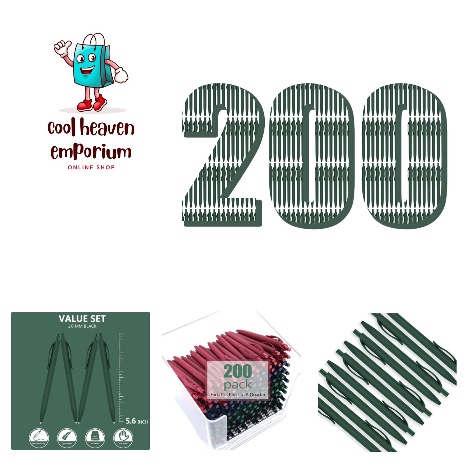 200 Bulk Retractable Green No-Bleed Click Pens for Wholesale-image