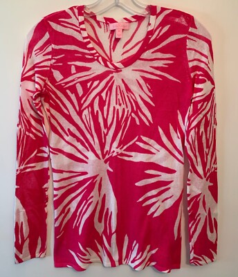 NEW Lilly Pulitzer XS Bright Pink & White V-neck Sweater Star Fireworks Print