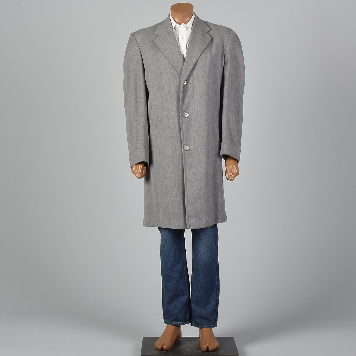 XL 1950s Gray Wool Top Coat Pockets VTG Single Vent Wide Lapel