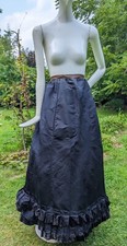 VICTORIAN 19TH C BLACK BUSTLE SKIRT W VELVET  SILK RUCHED RUFFLE BOTTOM