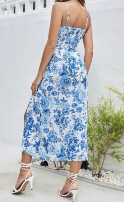shein blue and white dress Shein Dresses | Womens Large Shein Blue White Striped Button Front Maxi Spaghetti Strap Dress | Color: Blue/White | Size: L