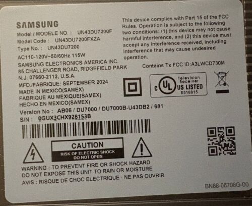Samsung Crystal DU7200 UN43DU7200F 42.5" Smart LED-LCD TV - 4K UHDTV -PARTS ONLY