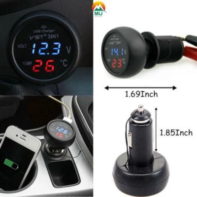 3in1 Autoladegerät Voltmeter Thermometer Zigarettenanzünder Car Charger Digital
