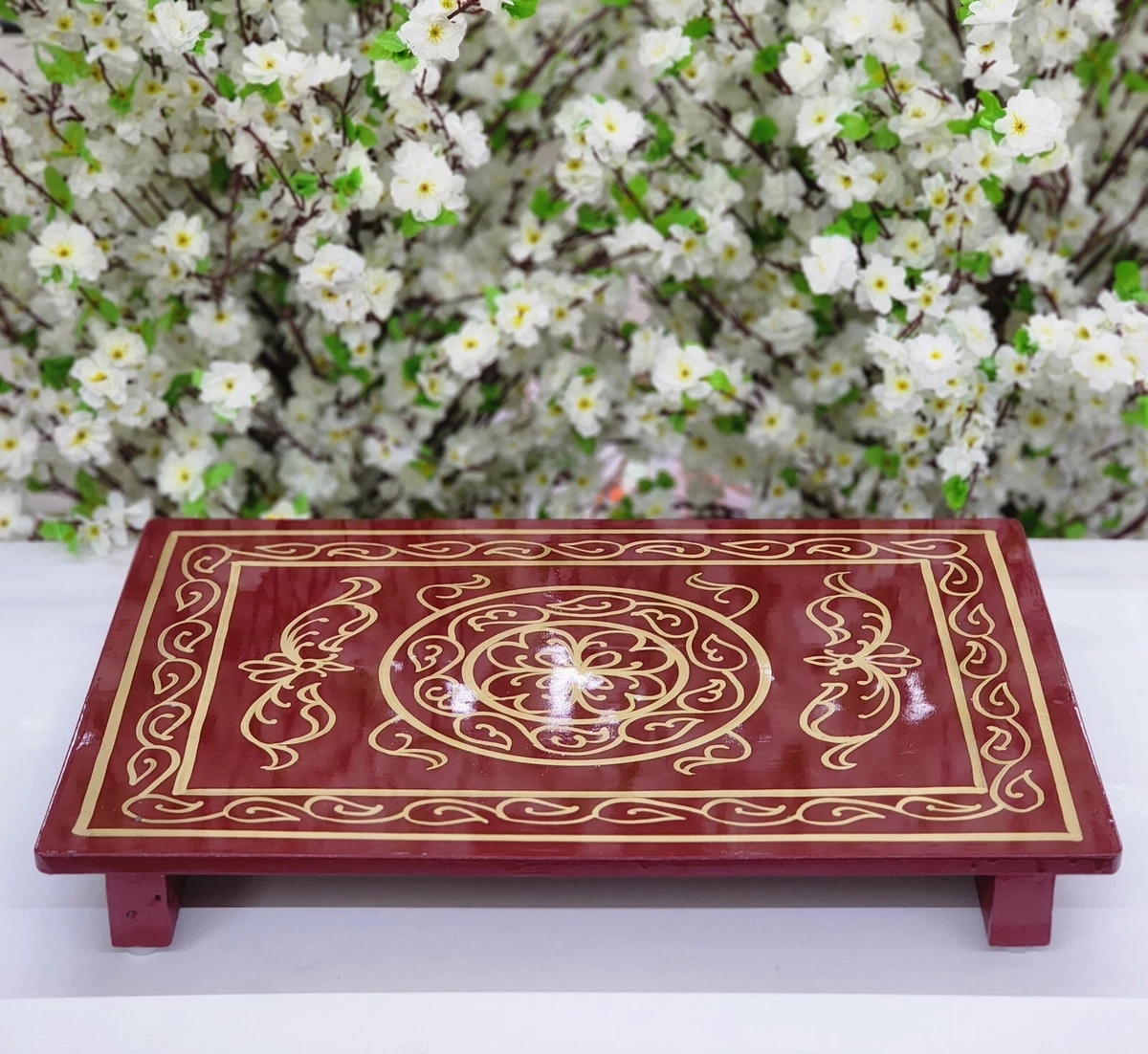 Large Sitting Stool Wooden Bajot Hand Painted Patla for Pooja Chowki Low Stool