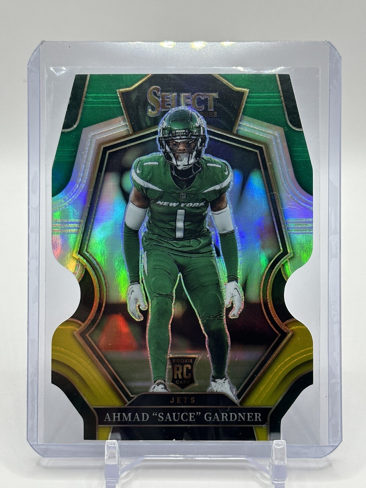 Ahmad "Sauce" Gardner 2022 Select Premier Level Green & Yellow Prizm Die-Cut RC