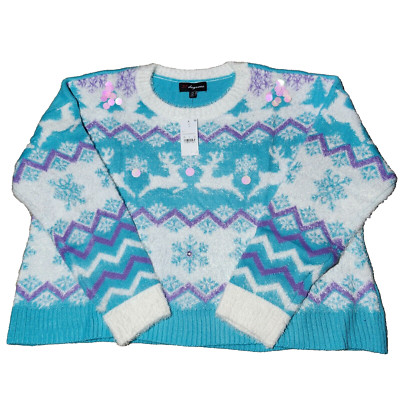 33 Degrees Jumper Knit Ugly Christmas Sweater Size 3X Blue Purple White Reindeer
