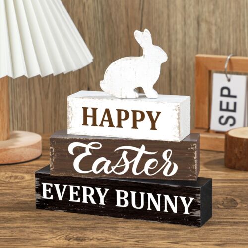 Happy Easter Decorations Indoor Tabletop Bunny Rabbit Wooden Sign Gift - Picture 10 of 11