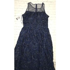 Alex Evenings Women's Navy Illusion Crew Neck Long Embroidered Dress, Sz 16