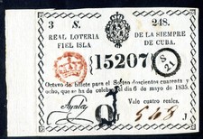 ANTILLAS 1835 Lotería 8 avo del billete Nº 15207 Sorteo 248 del 6/05/1835