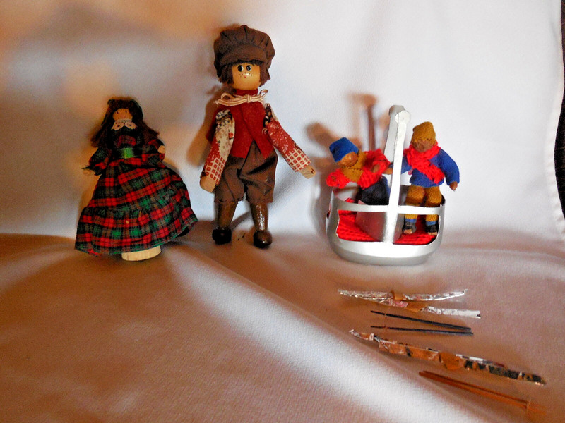 VTG Dolls w/ Wooden Head & Legs; plus Pair of Skiers w/ Nut Heads & Ski Lift