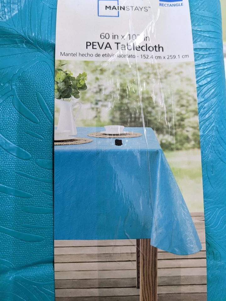 Mainstays 60" x 102" PEVA Rectangular Tablecloth Monstera Leaf Embossed Aqua - Image 3 of 4