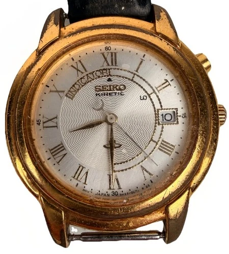 Vintage Mens Seiko Kinetic Indicator Watch 5M42-0B49 Gold Plated Case Roman Dial