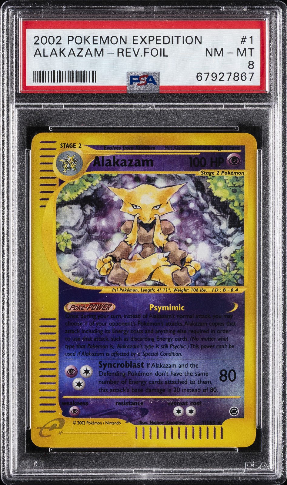 2002 POKEMON EXPEDITION #1 ALAKAZAM-REVERSE FOIL PSA 8