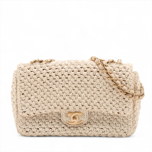 Chanel Coco Mark Raffia x lambskin Single Flap Double Chain Bag Beige Gold Metal