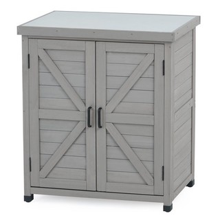 Grey Wooden Garden Storage Cabinet Weather Resistant Magnetic Closure 2 Shelves