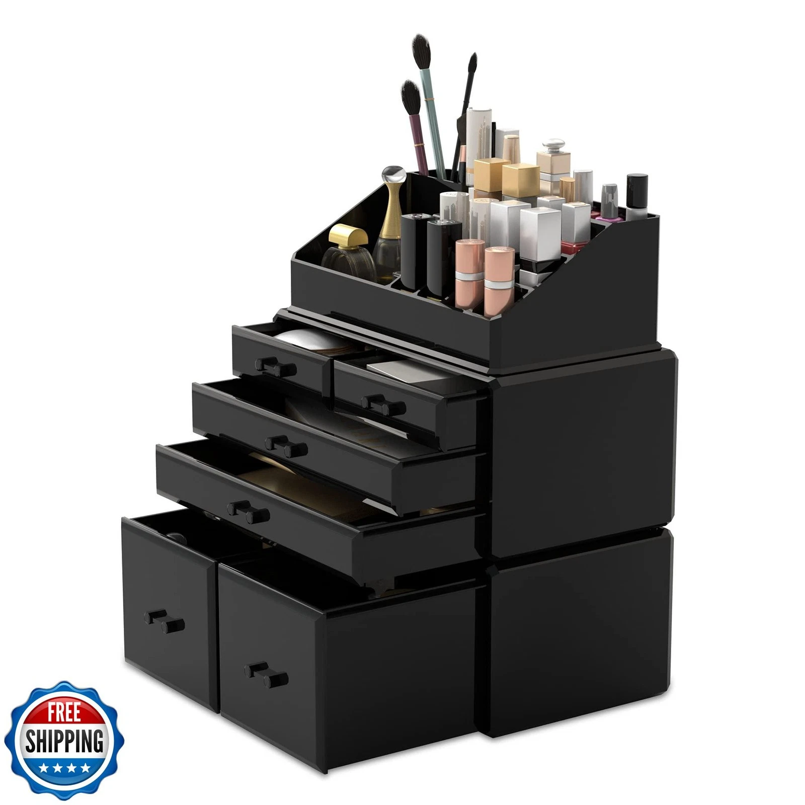 READAEER Makeup Organizer 3 Pieces Cosmetic Storage Case with 6 D
