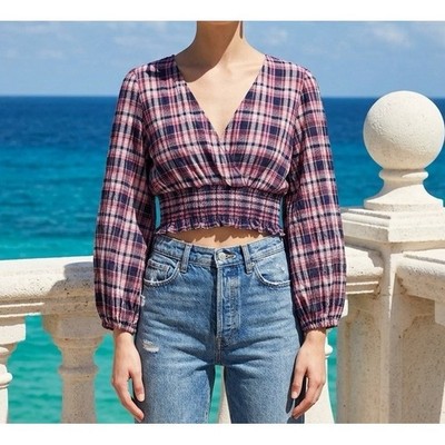 Zara Plaid Crop Top Women Medium Pink Smocked Balloon Sleeve Preppy Cottage Boho