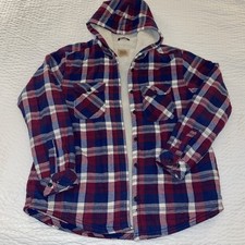 Boston Traders Sherpa Lined Hooded Red Blue Plaid Shirt Jacket Sz L