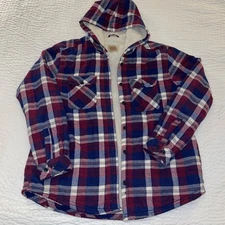 Boston Traders Sherpa Lined Hooded Red Blue Plaid Shirt Jacket Sz L