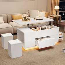 Lift Top Coffee Table with LED Lights & 2 Storage Stools, White for Living Room