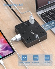 Power Strip Flat Plug with 12 Outlets 6 USB 2 USB C Surge Protector 5 Ft Black