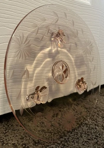 Vintage Pink Depression Glass Footed Plate with Floral Etching Sandwich Tray 8”