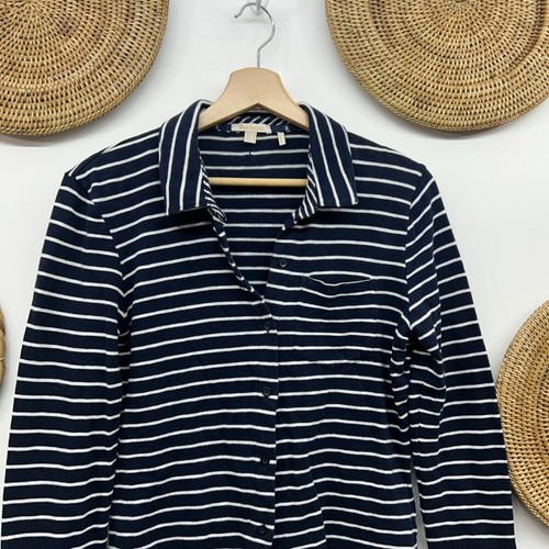 Barbour Navy Blue White Preppy Stripe Long Sleeve Button Knit Merseyside Shirt 6 - Picture 4 of 8