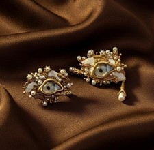 Baroque Evil Eye Earrings Devil Museum Gold Revival VTG Mismatch Art Stud VTG