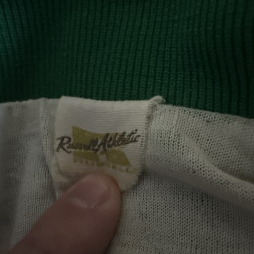 Giacca da pista vintage Russell Quarter Zip nylon USA anni 80 verde con cappuccio M isolata - Foto 3 di 4