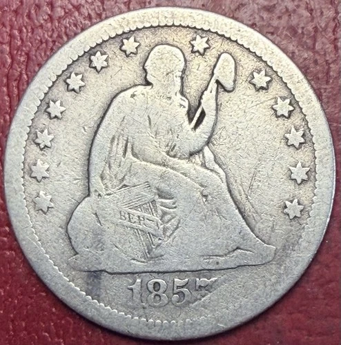 1857 Seated Liberty Quarter. Free Shipping