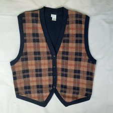VTG Sears 100 Orlon Acrylic Cardigan Sweater Vest Men 48 Brown Plaid Dead Stock