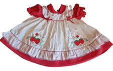 Vintage Girls 12 months Strawberry Applique Dress Ruffles Faux Pinafore 1970's