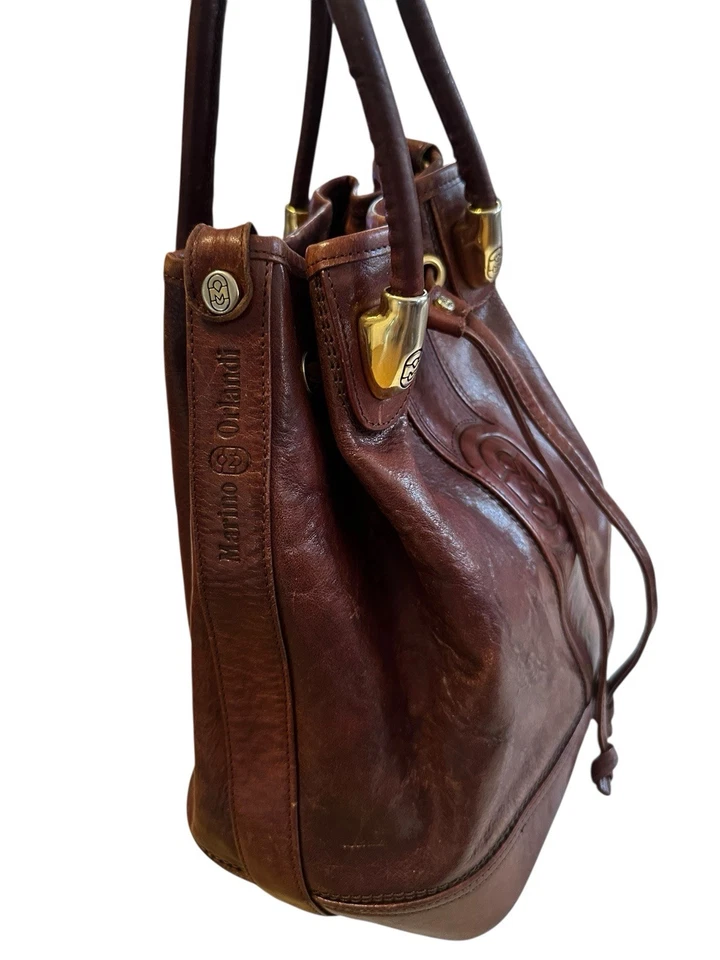 Bolsa grande vintage Marino Orlandi couro marrom estilo balde cordão em excelente estado usado - Imagem 4 de 4