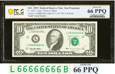 66666666 True Super SOLID Serial Number Fancy Ten Dollar 1995 PCGS Gem UNC 66PPQ